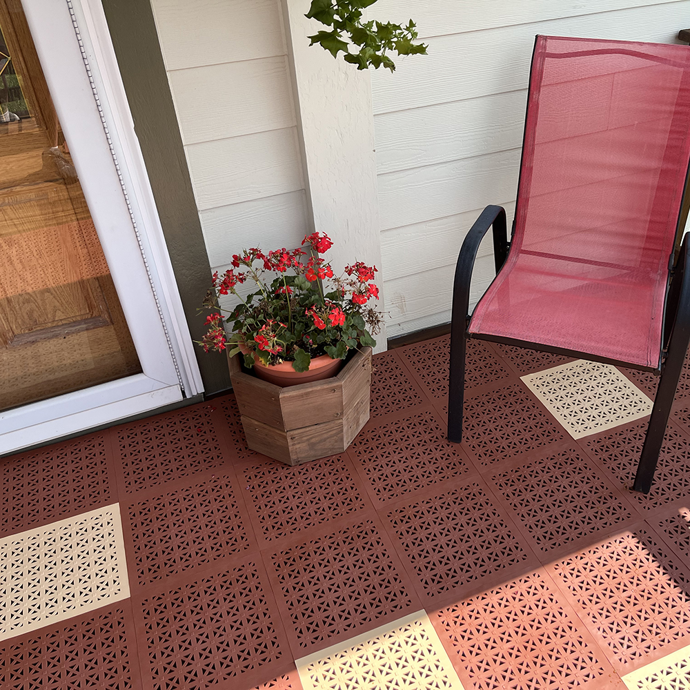 terra cotta and tan outdoor tiles over wood deck