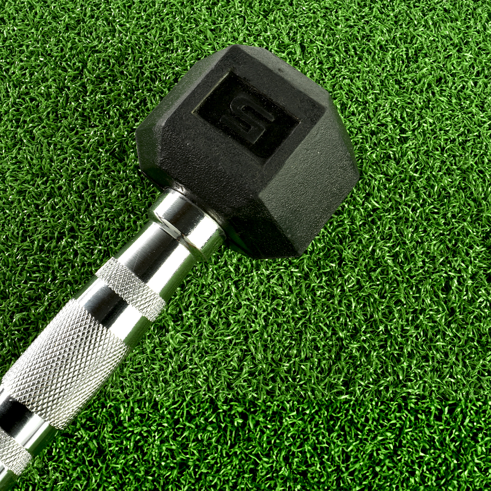 Greatmats Gym Turf Select top view close up with dumbbell