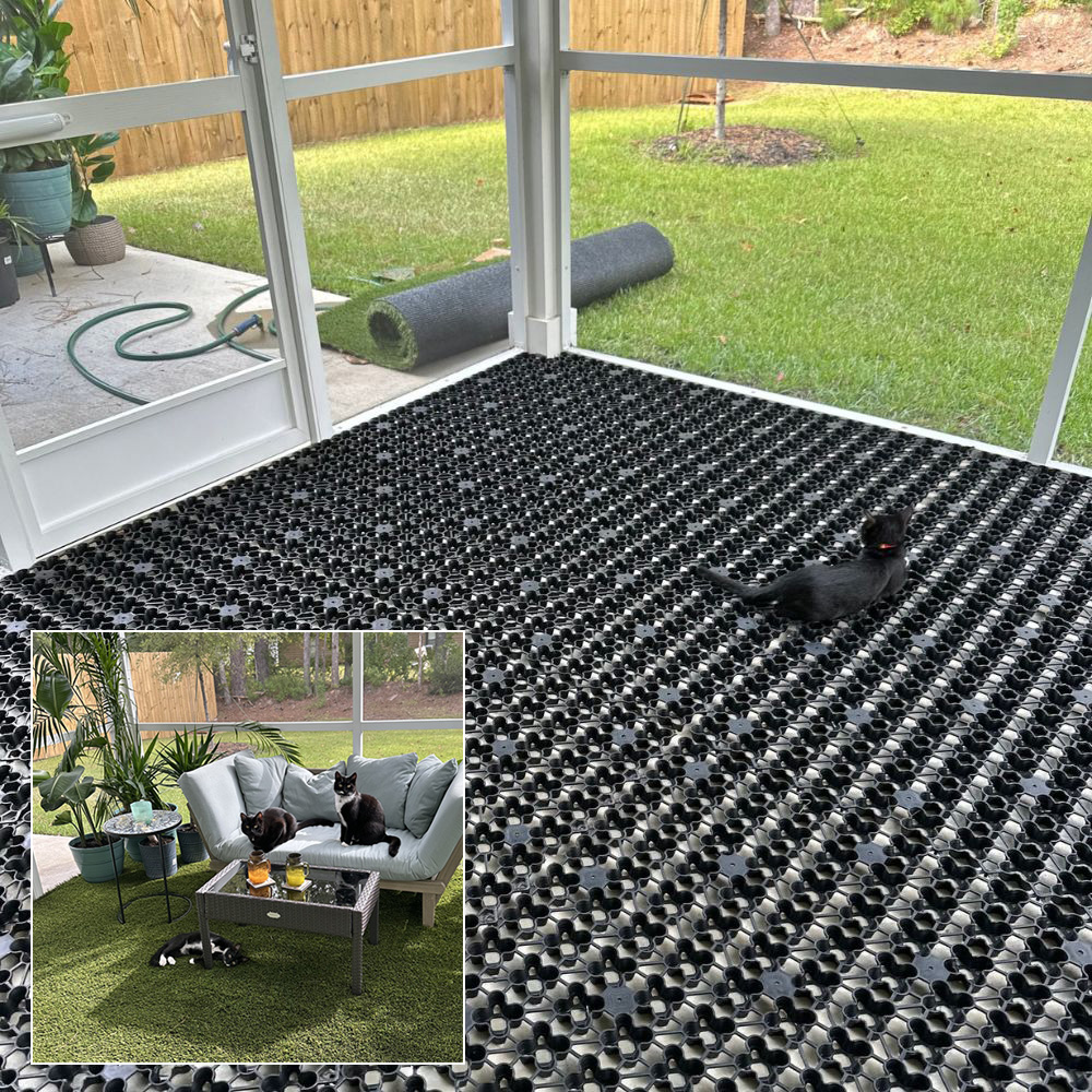 drainage tiles used for floor base in screened in porch under artificial turf