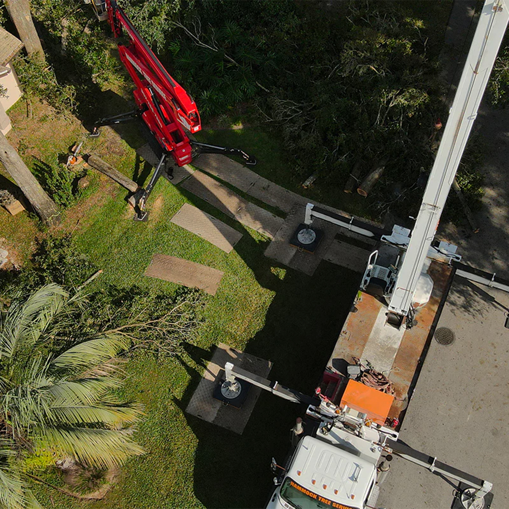 Aerial view of crane on Blue Gator Ground Protection Diamond Mat 1/2 Inch x 3x8 Ft. in tan