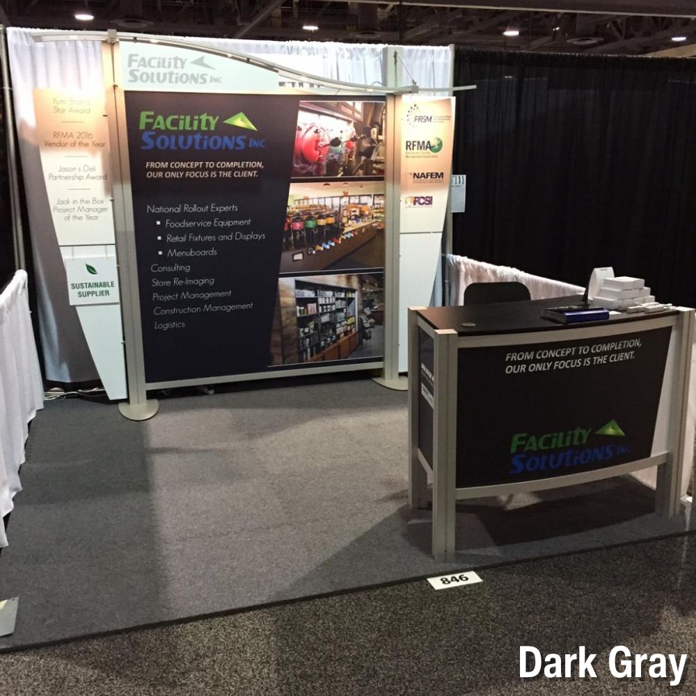 interlocking gray carpet tiles used in trade show booth