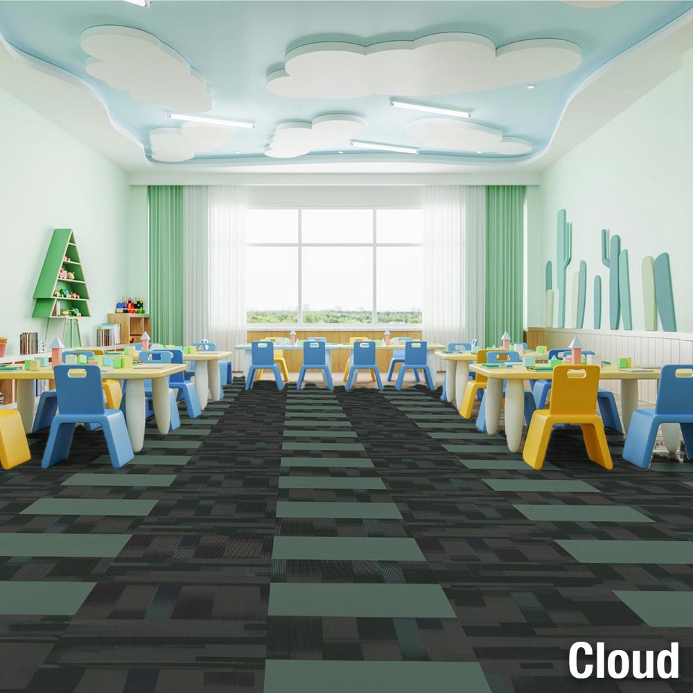 Colorburst Commercial Carpet Tiles and magnify carpet tiles in cloud color in classroom