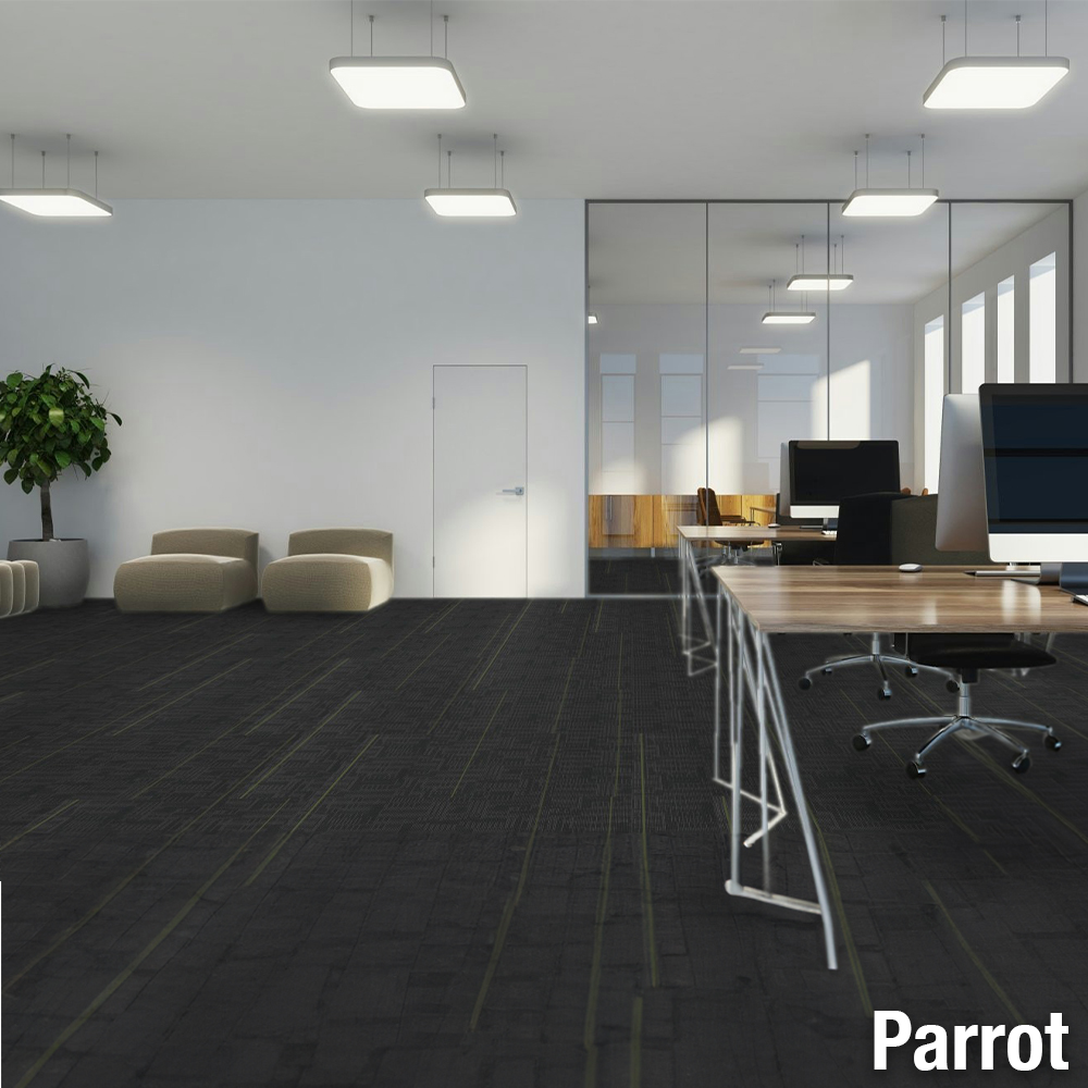 echo commercial carpet planks in color parrot green in alternating half pattern in office