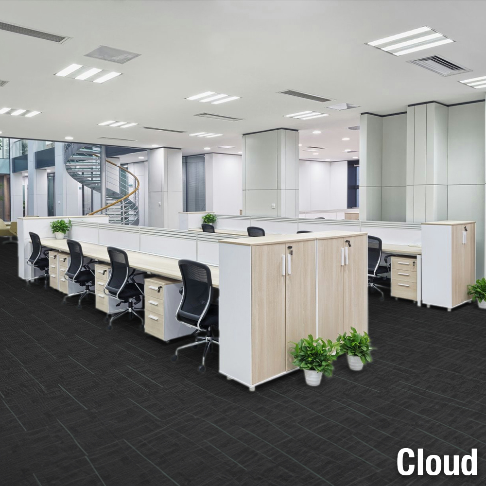 Echo Commercial Carpet Tiles in color Cloud in alternating half pattern in office