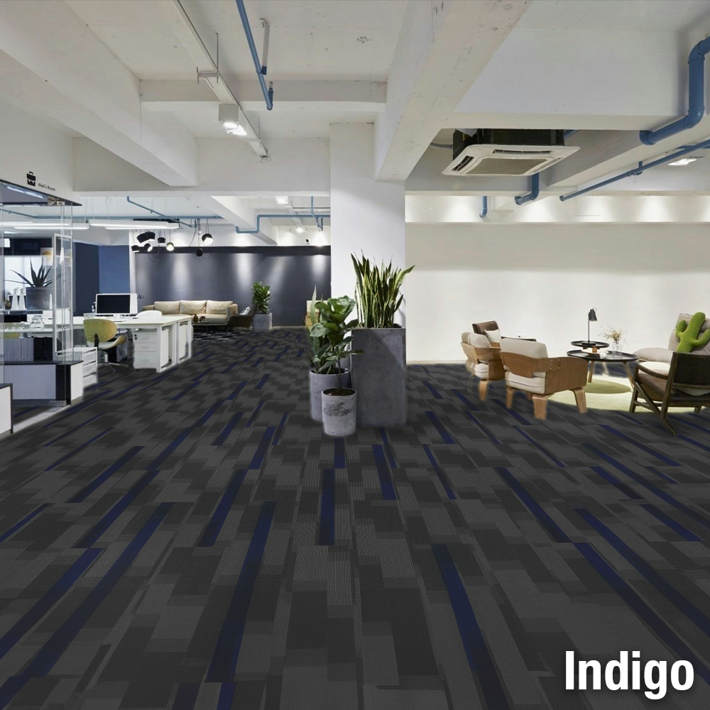 Magnify Commercial Carpet Planks in indigo in alternating half pattern in office