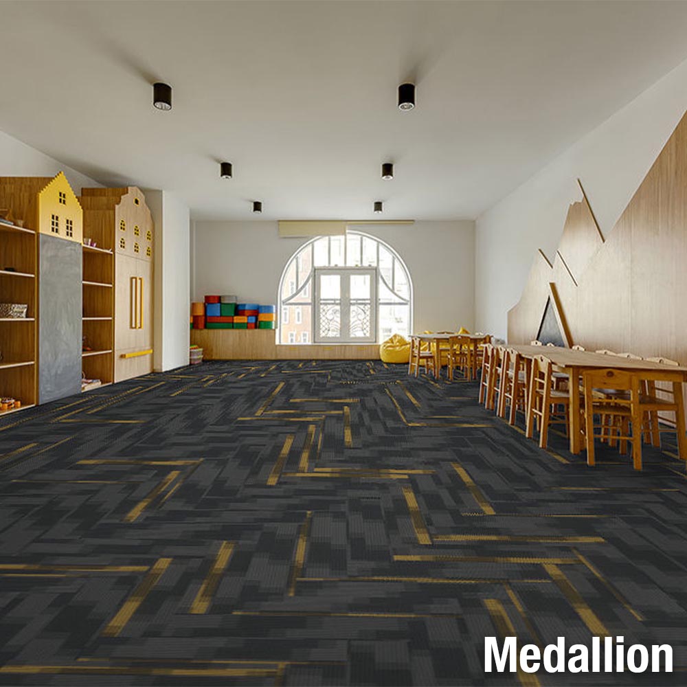 carpet planks in herringbone pattern in classroom