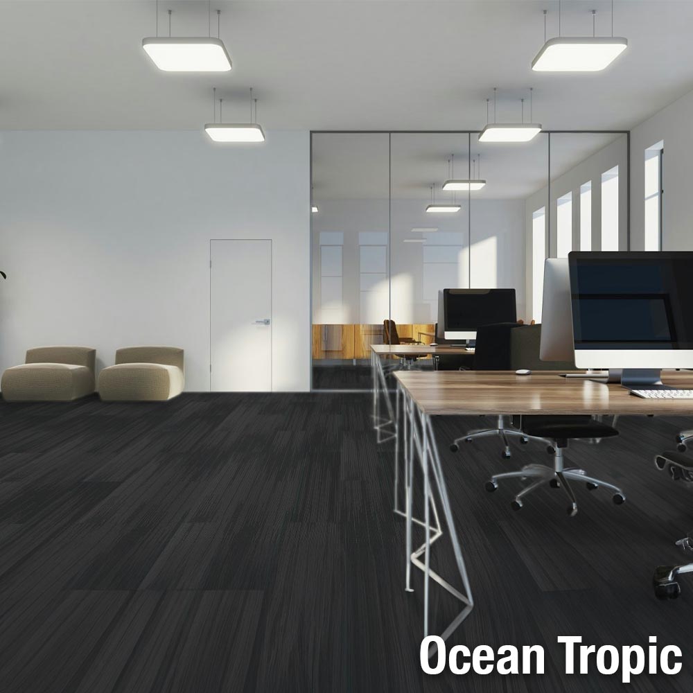 Reverb Commercial Carpet Planks in ocean tropic color in brick pattern in office