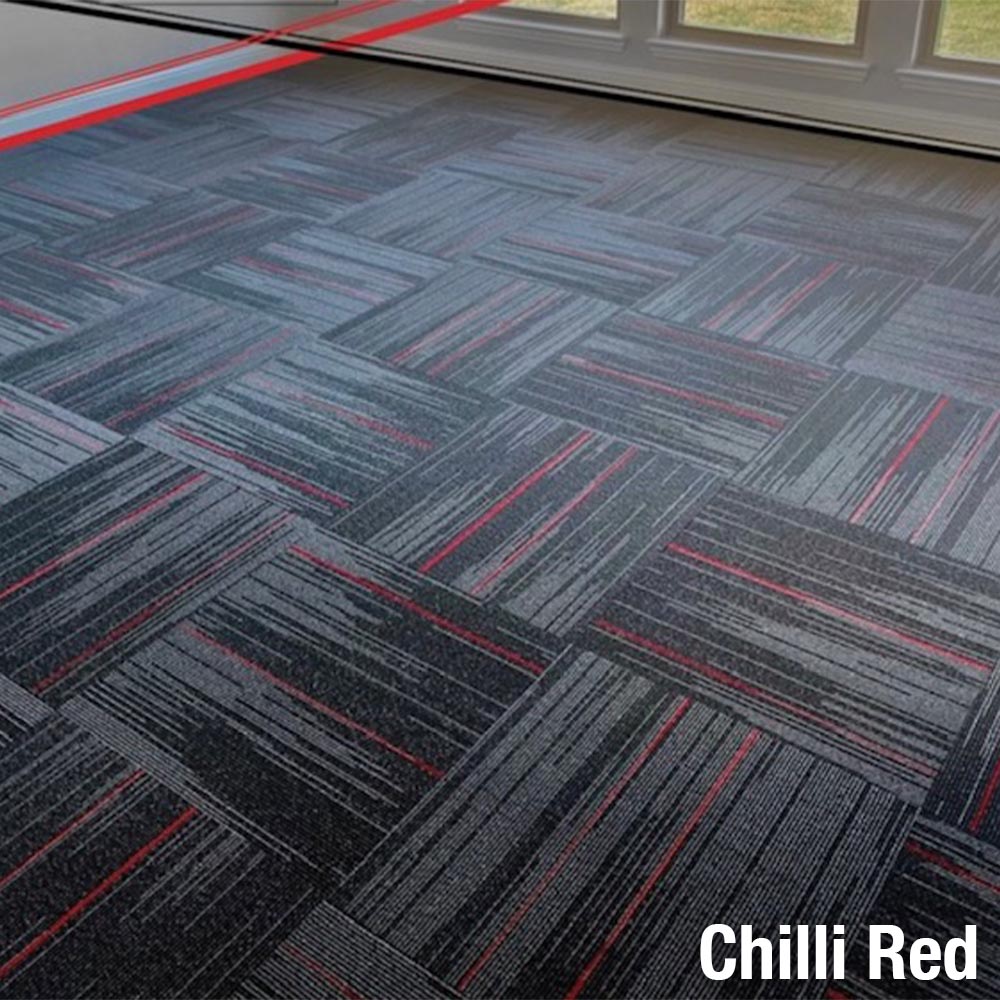 Reverb Commercial Carpet Tiles in chili red color installed in quarter turn pattern