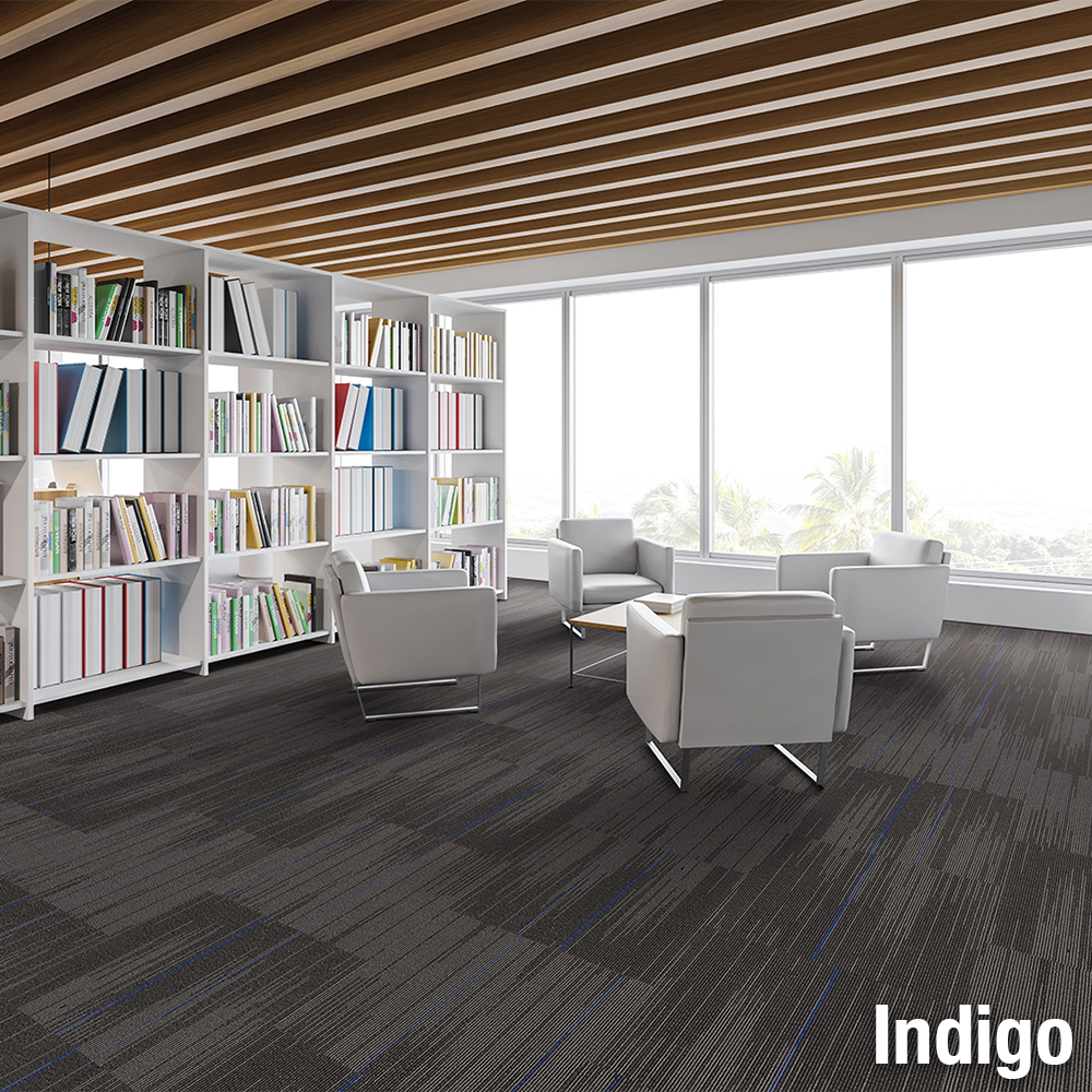 Reverb Commercial Carpet Tiles in indigo color in library