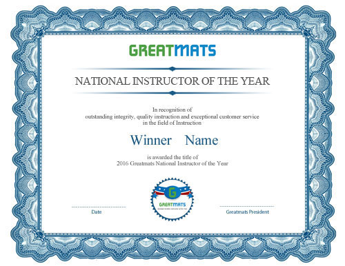 Greatmats Instructor of the Year Certificate