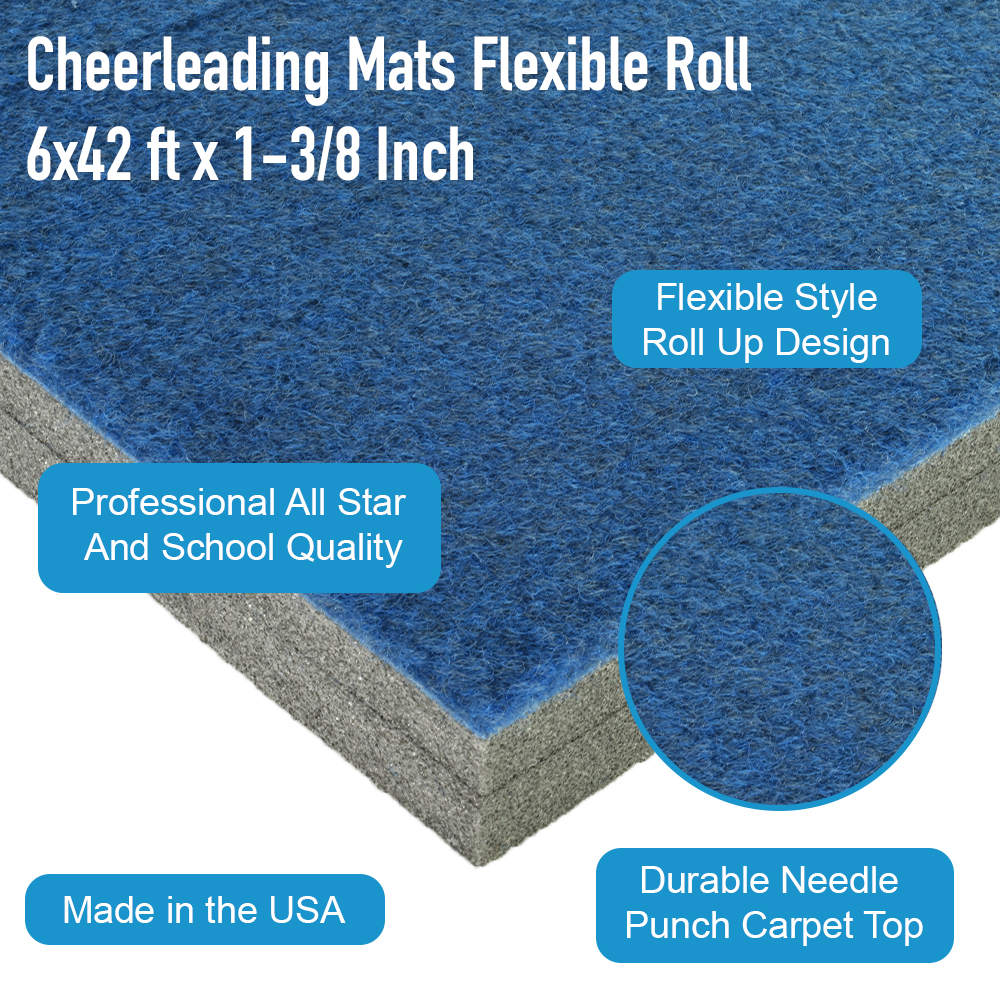 Cheer Mats 6x42 ft x 1-3/8 Inch Poly Flexible Roll info graphic.