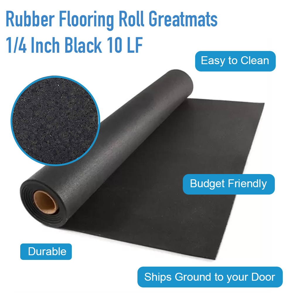 Rubber Flooring Rolls 1/4 Inch 4x10 Ft Black infographic.