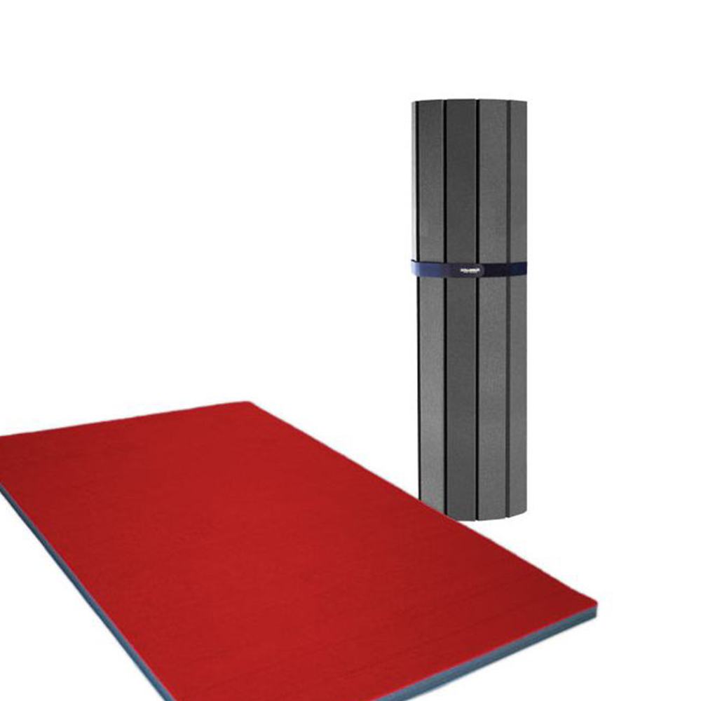 Home Cheer Flexi-Roll Carpet Practice Mat 1-1/4 Inch x 5x10 Ft. rolled up and rolled out in red