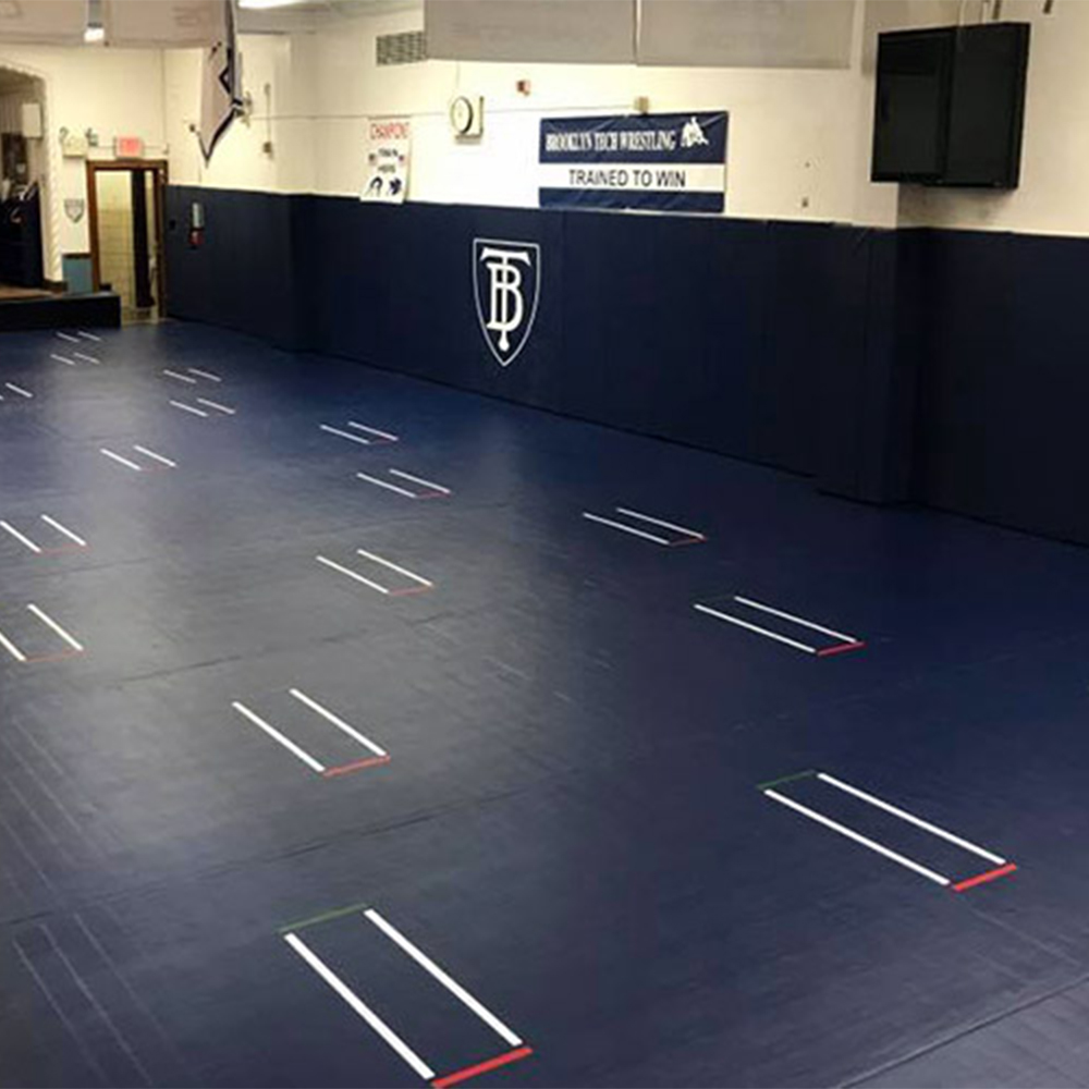 Home Wrestling Flexi-Connect Mat with Circle and Marks 1-1/4 Inch x 10x10 Ft. gym install in Navy Blue