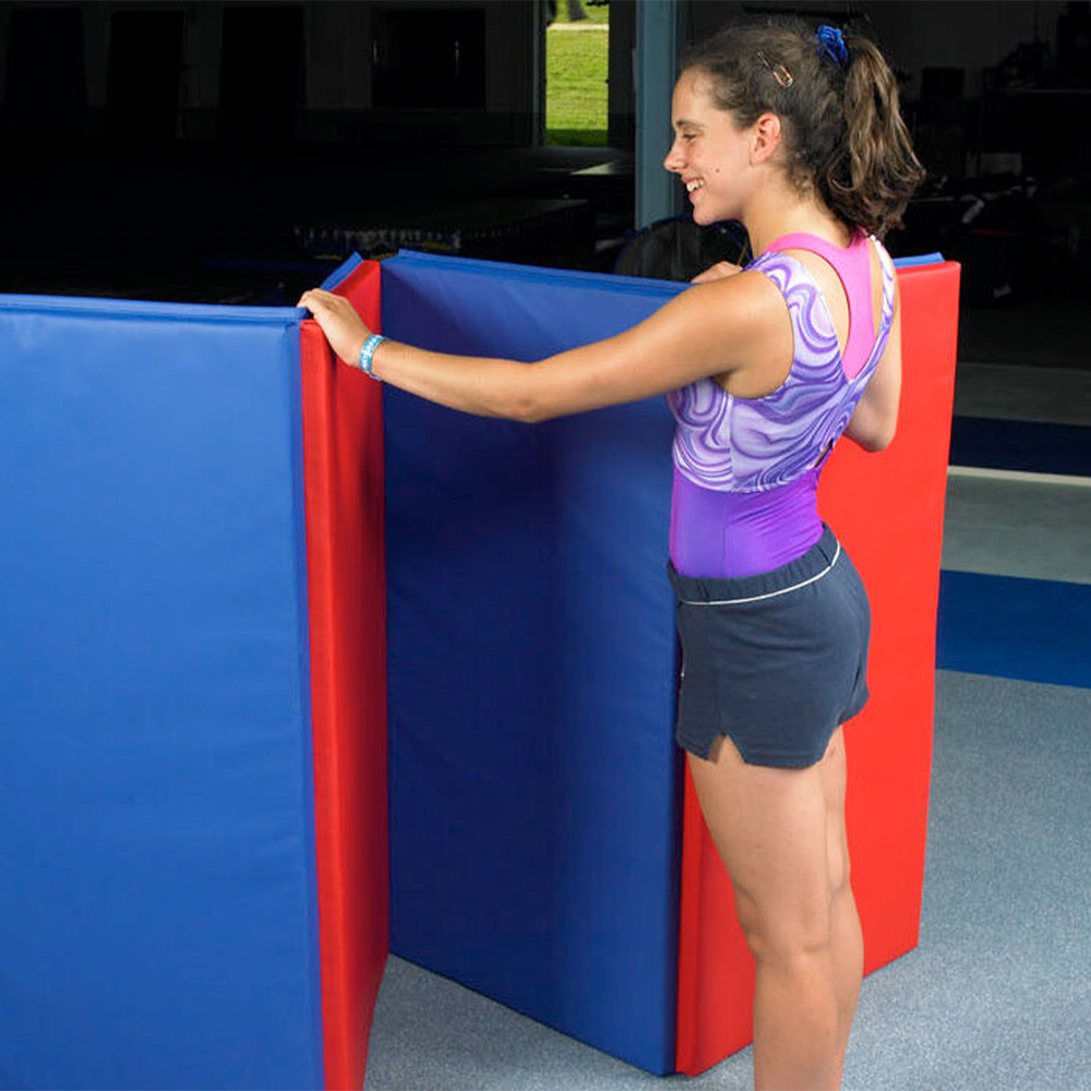 Foldable Gym Mat Medium Firm Foam 4x10 Ft. x 2 Inch V4 in Royal Blue and Red, unfolding mat