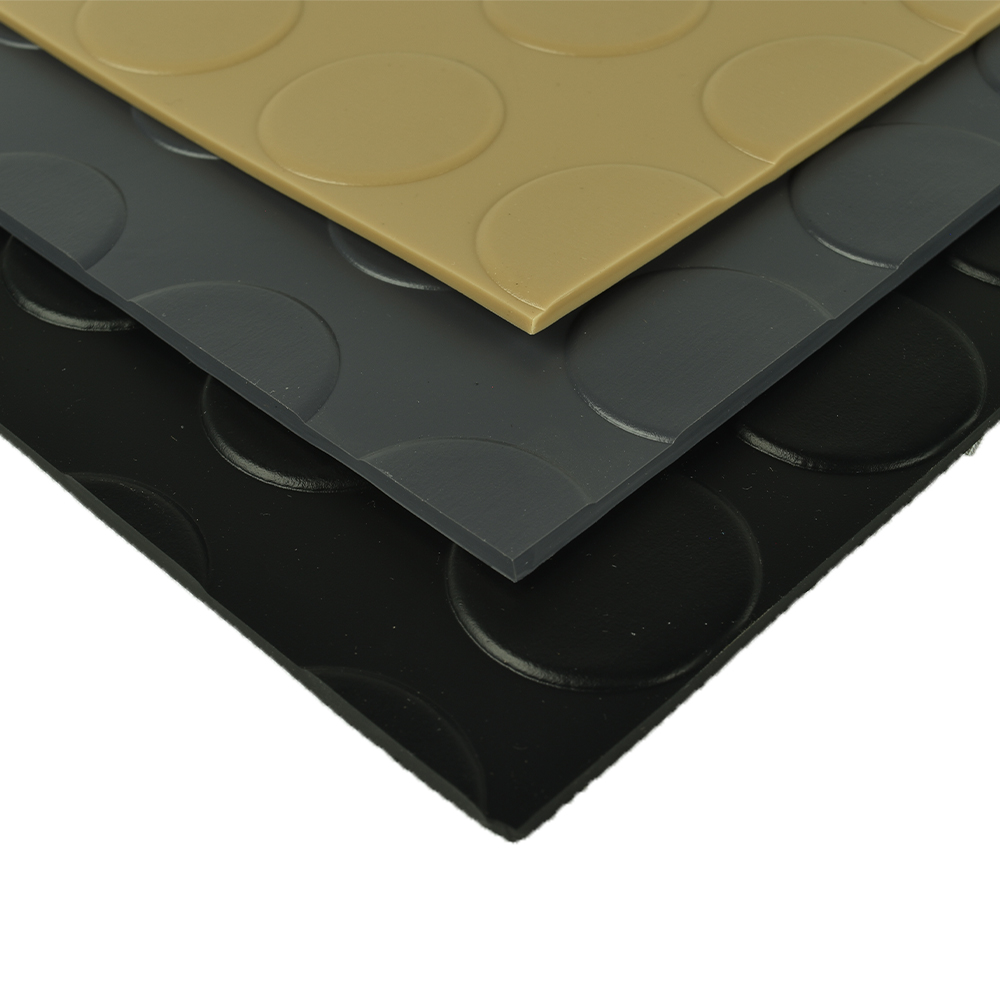 Color stack in midnight black slate gray and sandstone of G-Floor Coin Tread Garage Floor Roll 75 mil x 7.6x17 Ft.