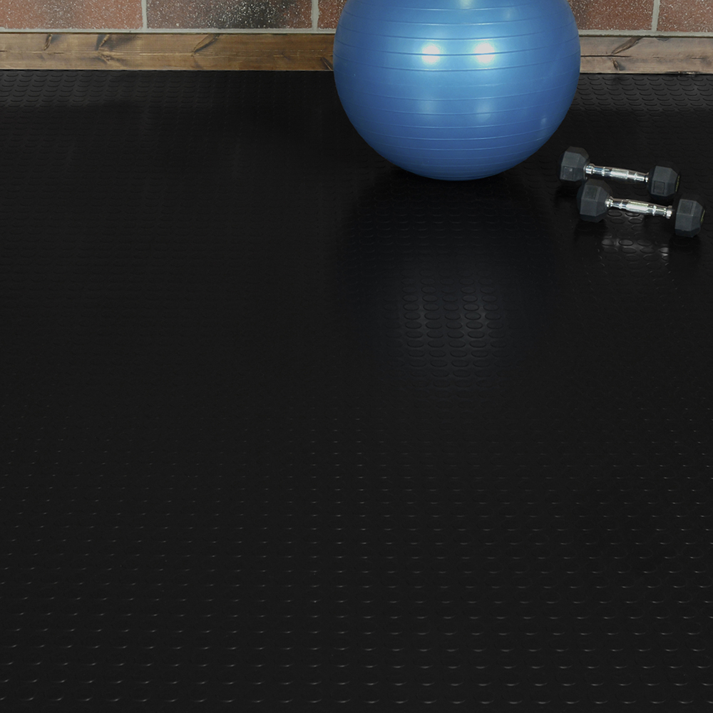 G-Floor Coin Tread Garage Floor Roll 75 mil x 7.6x17 Ft. in midnight black with gym equipment