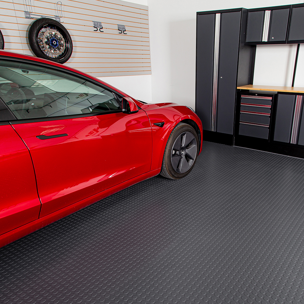 Red car parked on G-Floor Coin Tread Garage Floor Roll 75 mil x 7.6x17 Ft. in slate gray