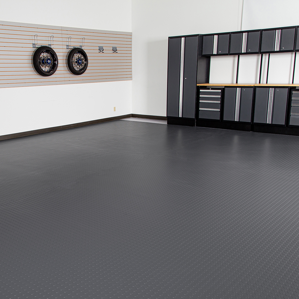 G-Floor Coin Tread Garage Floor Roll 75 mil x 7.6x17 Ft. garage with slate gray rolls installed