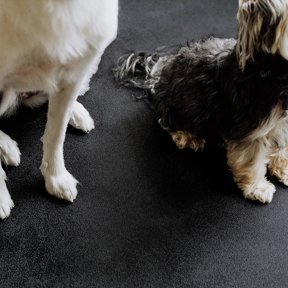 Two dogs on G-Floor Protective Kennel Floor Mat Levant Texture 55 mil x 5x10 Ft. in midnight black