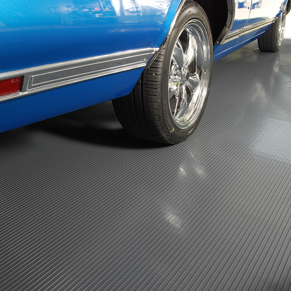 Blue Cutlass parked on G-Floor Ribbed Tread Garage Floor Roll 55 mil x 8.6x22 Ft. in Slate Gray