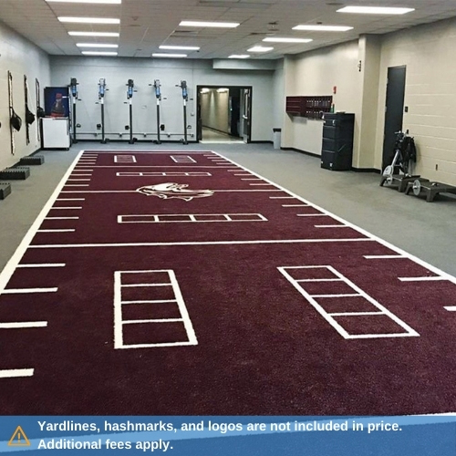 V-Max Maroon colored gym turf in weight room with logo hashmarks and ladders