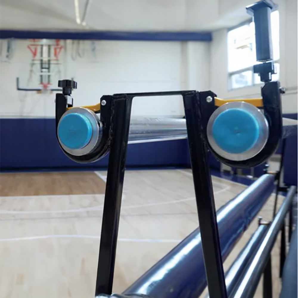 close up of rolls on gym floor cover storage rack