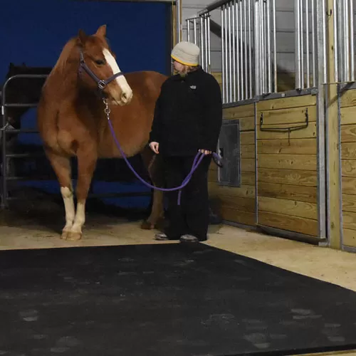 rubber stable mat on barn floor with horse and woman