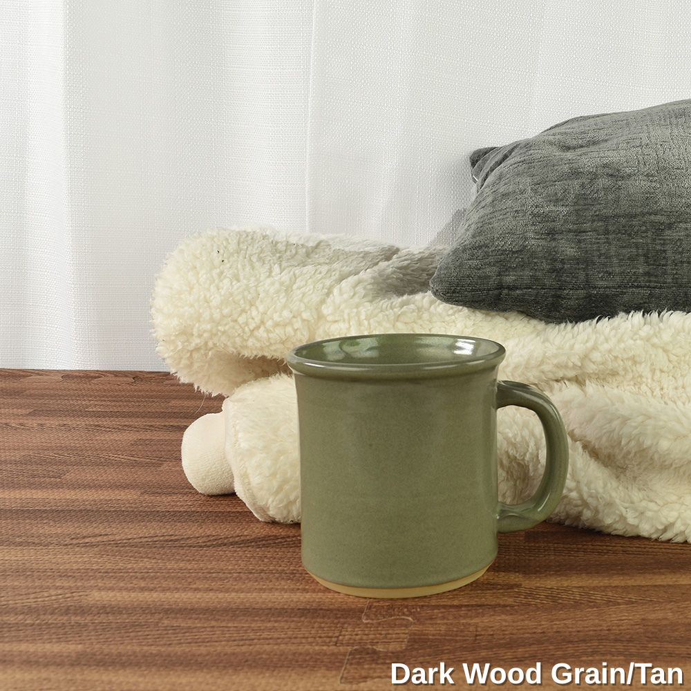 dark color wood grain reversible foam flooring tiles with blanket and coffee cup