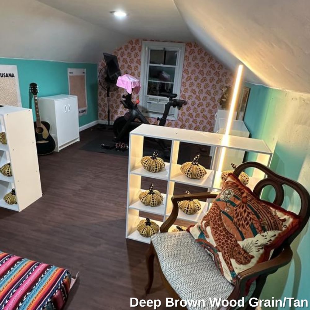 deep brown wood grain foam tiles in attic exercise room