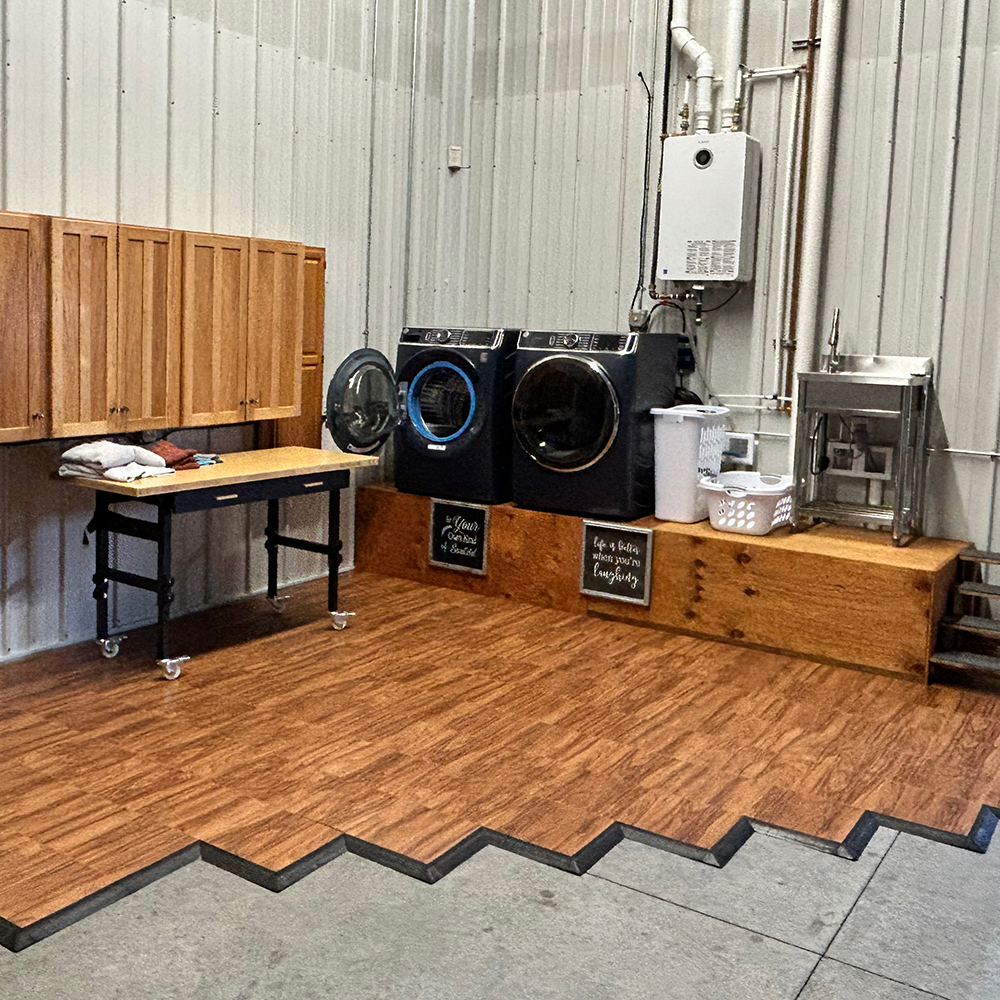 homemax raised flooring tiles in a laundry room over concrete floors