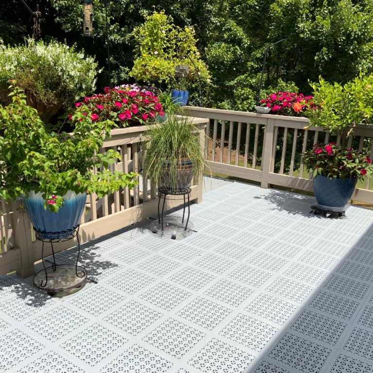 Perforated Interlocking Patio Tiles over concrete - Made in USA