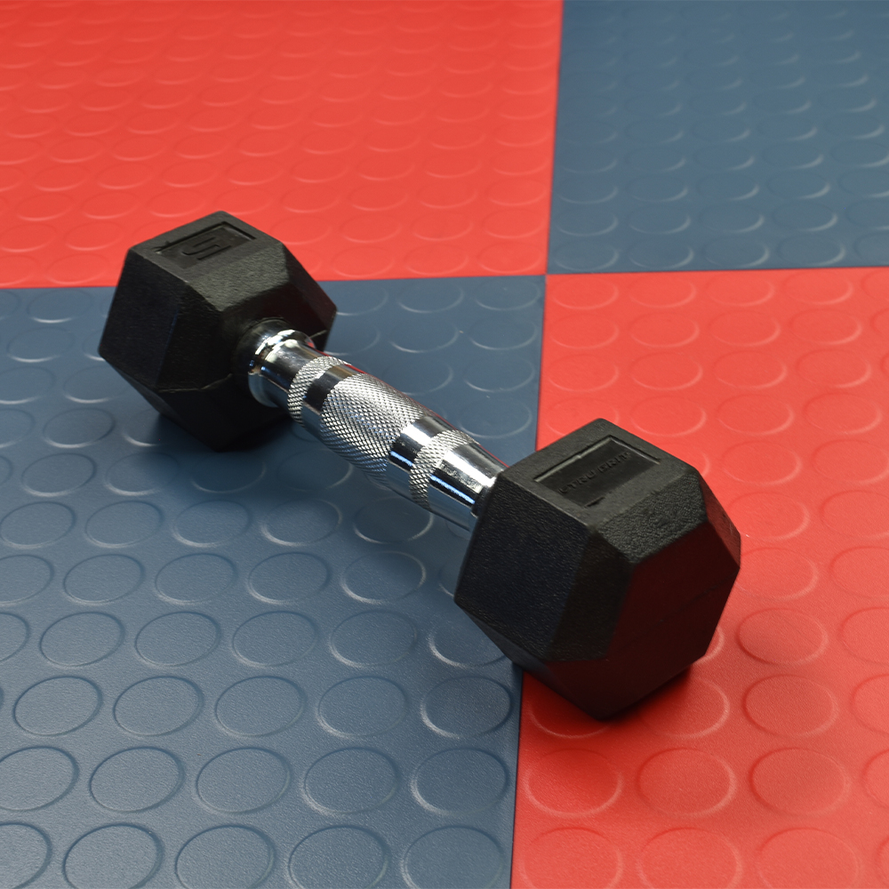red and blue tuffseal tiles with dumbbell in gym