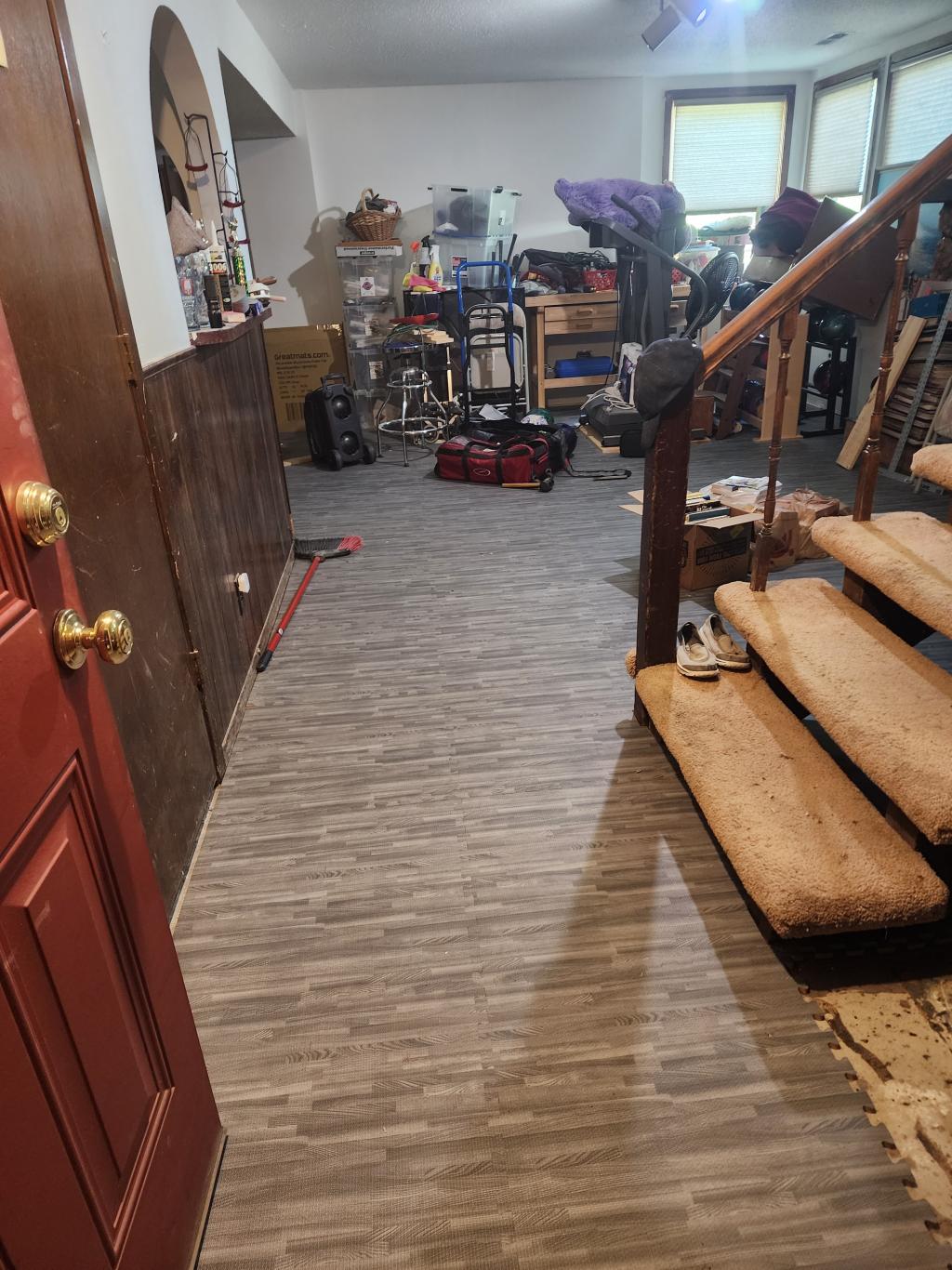 wood grain foam tiles basement install