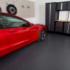 Red car parked on G-Floor Coin Tread Garage Floor Roll 75 mil x 7.6x17 Ft. in slate gray