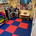 kids playroom using red and blue foam tiles for flooring