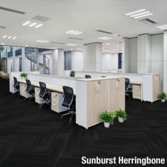 Reverb Commercial Carpet Planks in sunburst color installed in herringbone pattern in office