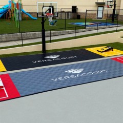 VersaCourt Active Outdoor Court Tile 5/8 Inch 15.75x15.75 Inches cornhole court in bright red, graphite, yellow, black